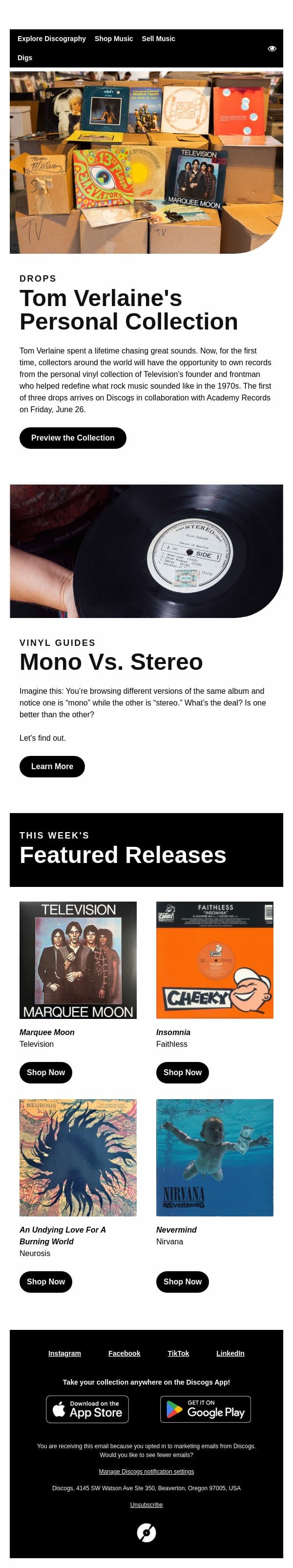 Tom Verlaine's Personal Collection is Coming to Discogs email from Discogs screenshot