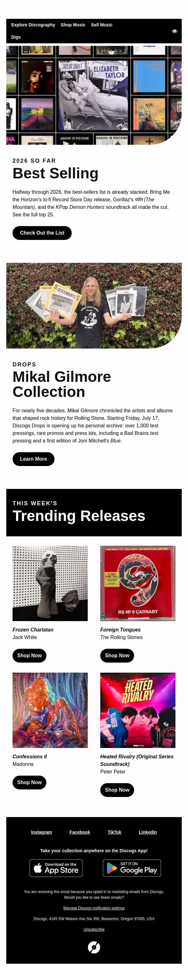 The Best-Selling Records of 2026, So Far email from Discogs screenshot