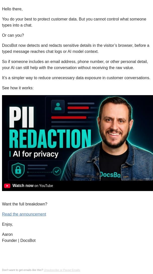 Keep PII out of your AI chat logs email from DocsBot screenshot