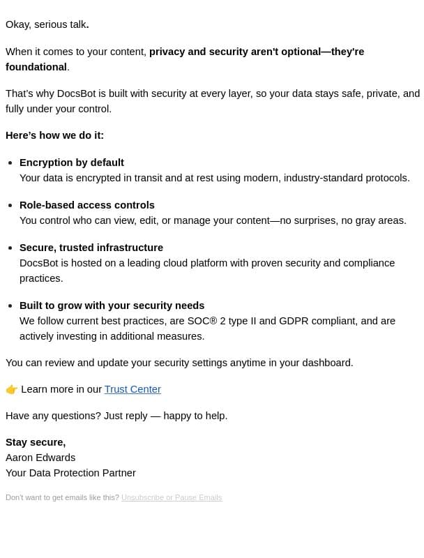 We take your data seriously. Here's how. email from DocsBot screenshot