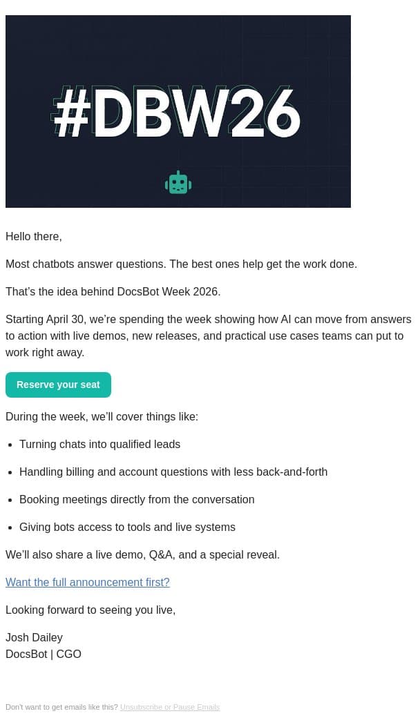 Join us live for DocsBot Week 2026 email from DocsBot screenshot