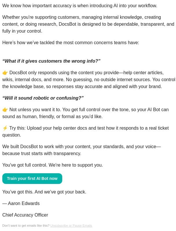 What if it gives the wrong answer? Let’s talk. email from DocsBot screenshot