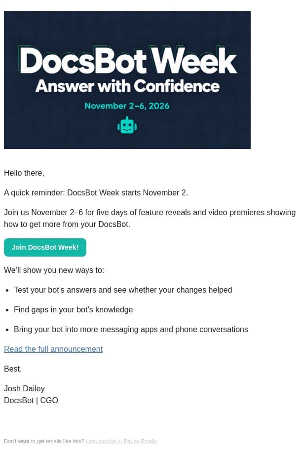 DocsBot Week starts November 2 email from DocsBot screenshot