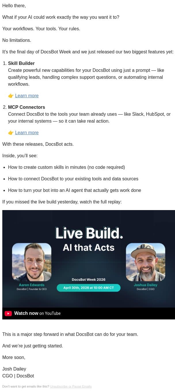 Skill Builder + MCP: DocsBot Week Day 5 email from DocsBot screenshot