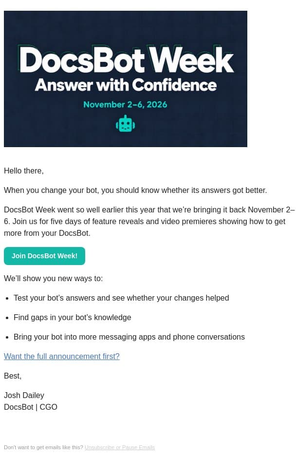 New ways to test and improve your DocsBot’s answers email from DocsBot screenshot