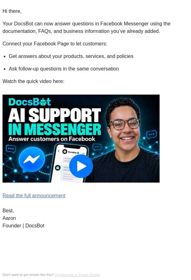 Your DocsBot can now answer in Facebook Messenger email from DocsBot screenshot