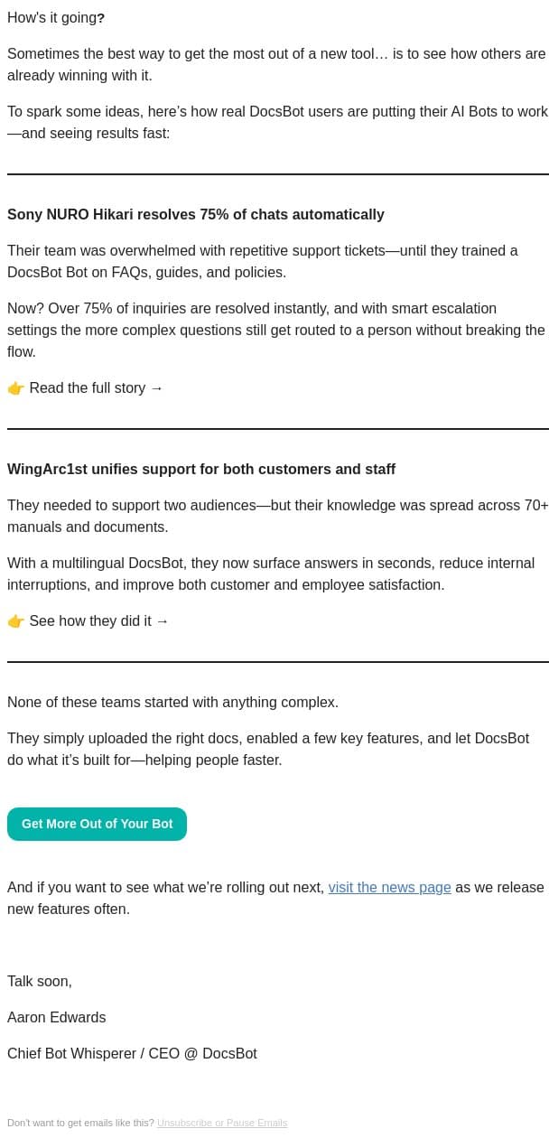 Real teams. Real results. Here’s what your AI Bot can do. email from DocsBot screenshot