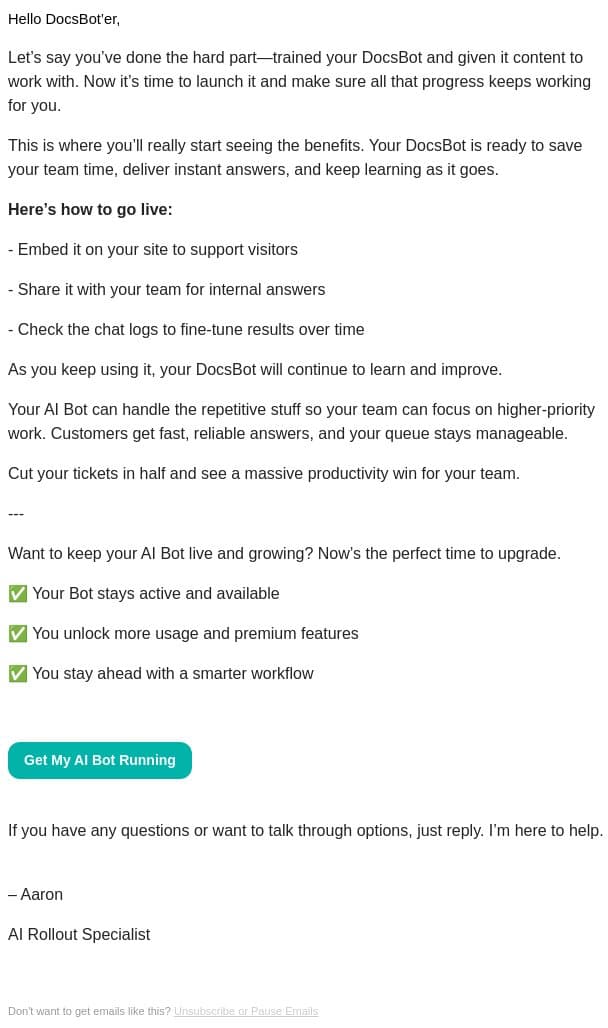 You’re Set Up—Now Let’s Launch email from DocsBot screenshot