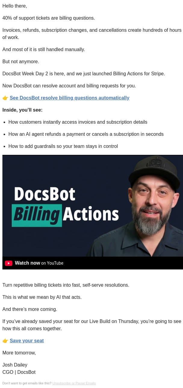 Resolve billing issues automatically - DocsBot Week Day 2 email from DocsBot screenshot