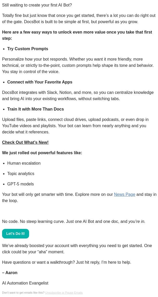 Your AI Bot Can Do A Lot and Here’s How to Unlock It email from DocsBot screenshot