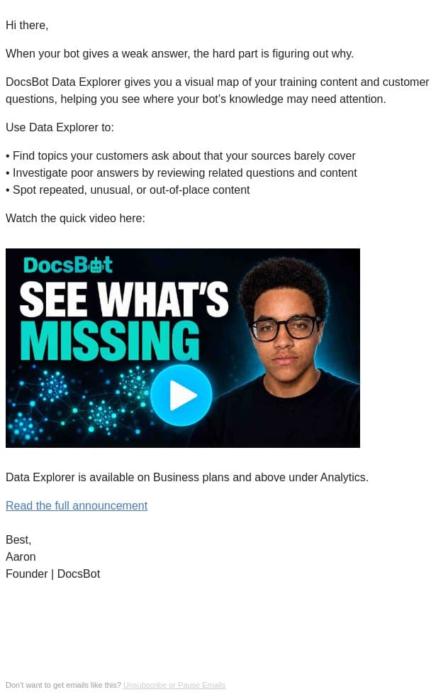 See what your DocsBot is missing email from DocsBot screenshot