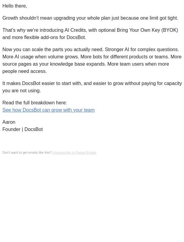 AI chat agents that grow with your team email from DocsBot screenshot