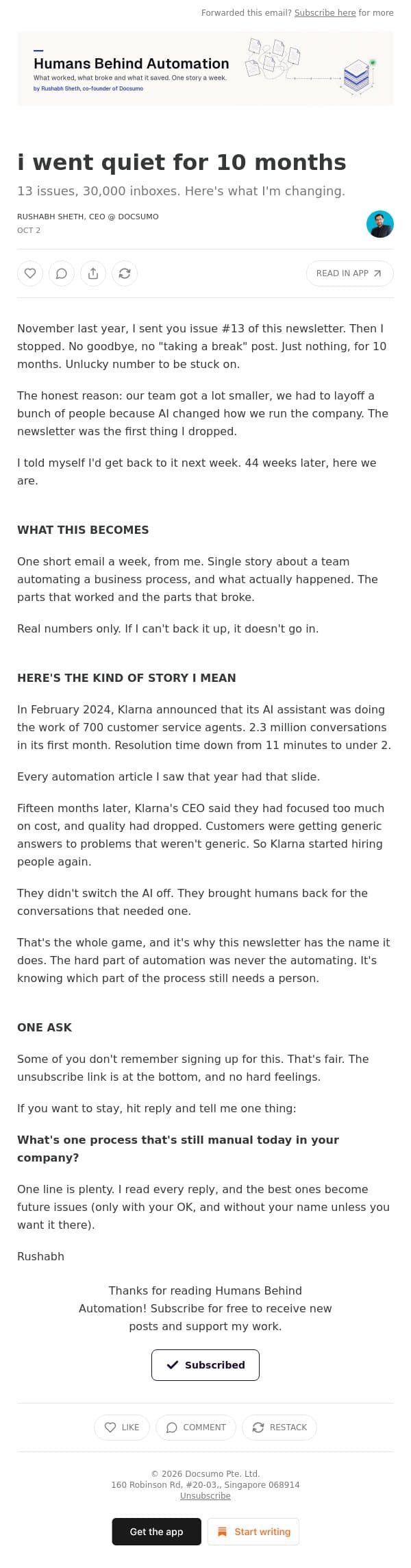 i went quiet for 10 months email from Docsumo screenshot