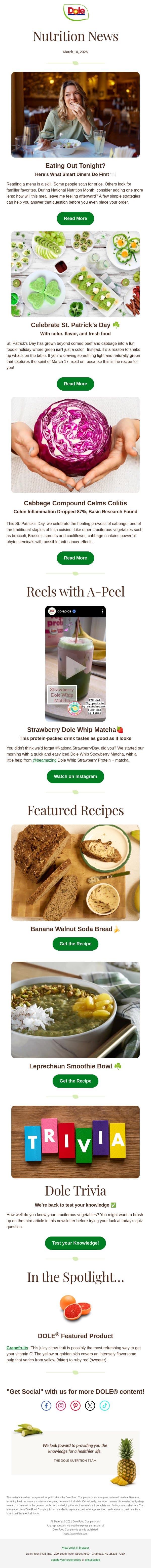 Celebrate St. Patrick’s Day with Green Goodness ☘️ email from Dole screenshot