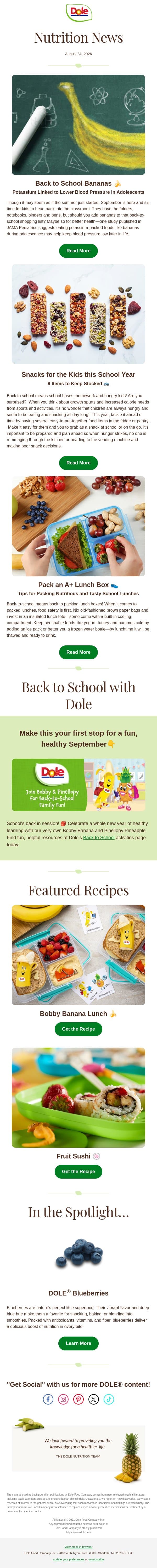Tips for a Healthy Back-to-School 🎒 email from Dole screenshot