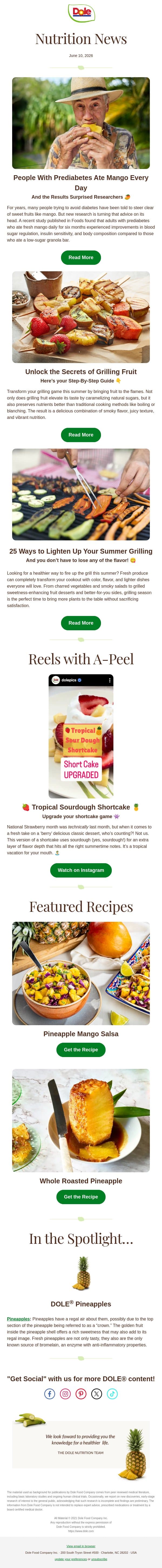 Grilled Pineapple, Summer Skewers & More 🍍 email from Dole screenshot