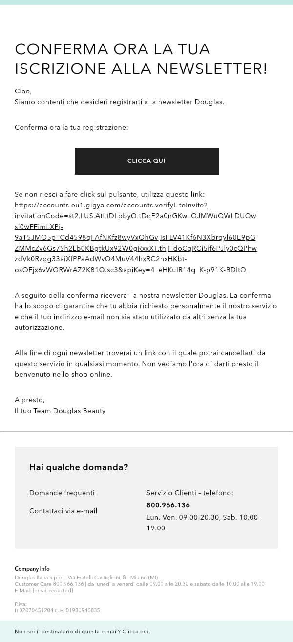 Conferma ora la tua iscrizione alla newsletter! email from Douglas screenshot