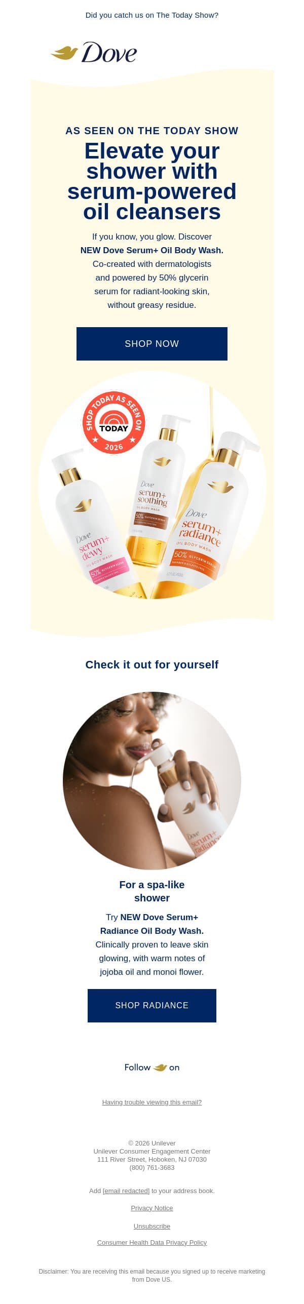 Shop new Serum+ Oil Body Washes ✨ email from Dove screenshot