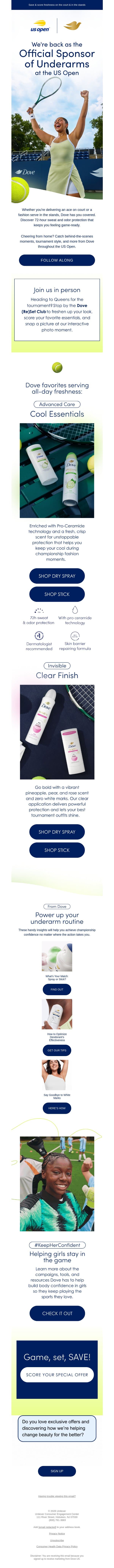 Dove x The US Open = Game, Set, Fresh! 🎾🙌 email from Dove screenshot