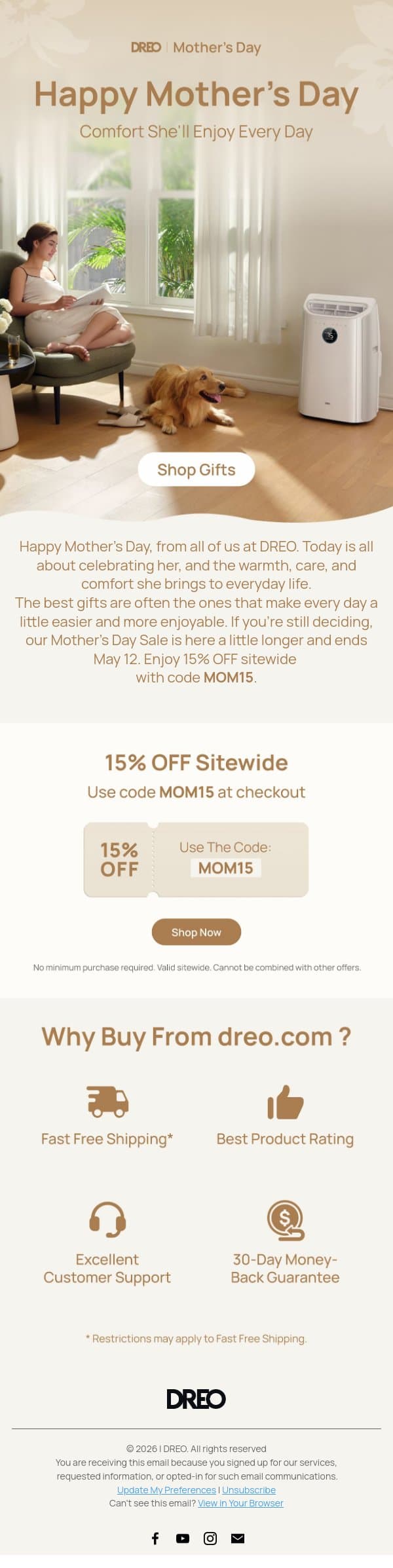 Happy Mother's Day 💐 email from Dreo screenshot