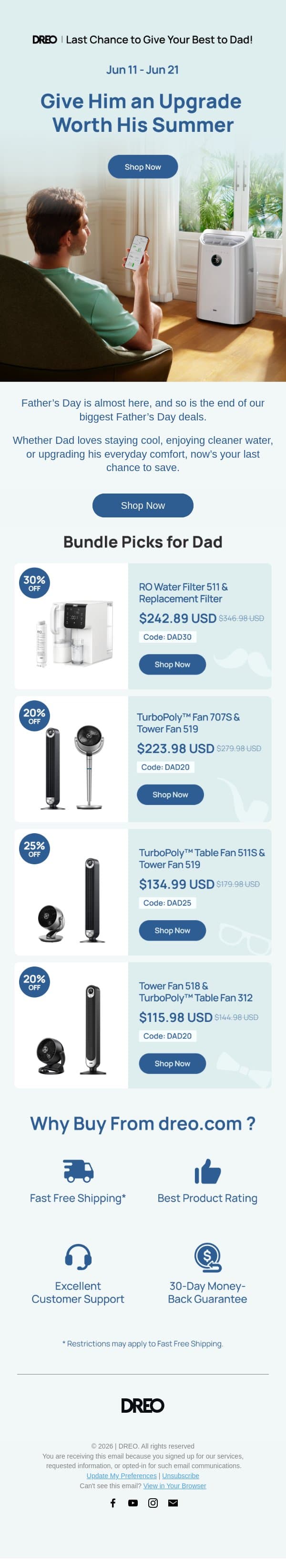 DREO | Father’s Day Sale Ends Soon ⏰ email from Dreo screenshot