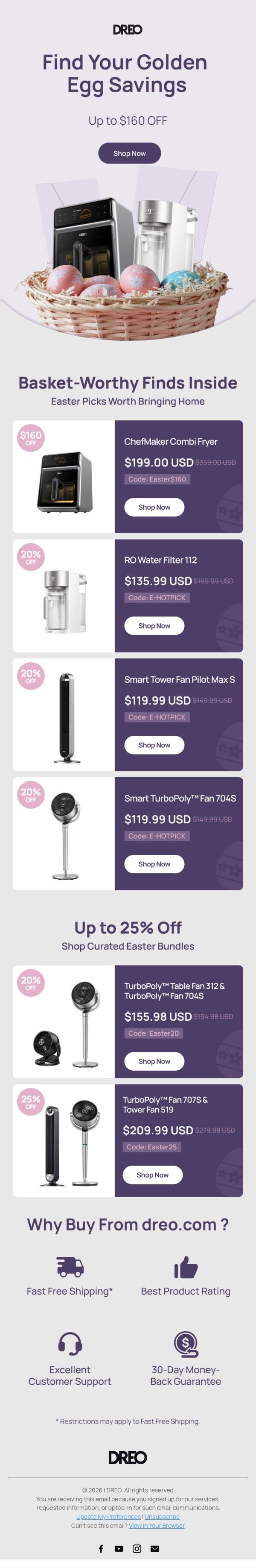 🌷 Easter Is Here: Save up to $160 on Your Favorites email from Dreo screenshot