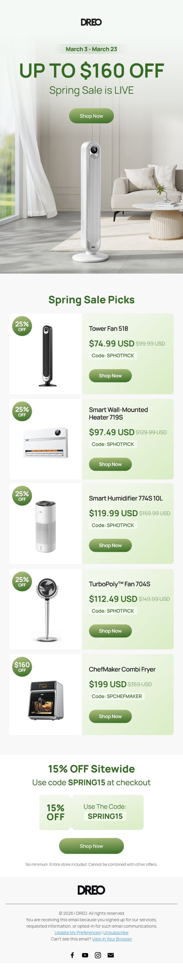 🌸 Spring Sale is LIVE: Up to $160 OFF email from Dreo screenshot