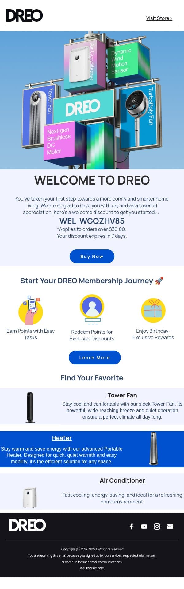 Welcome to DREO'S Smarter Living email from Dreo screenshot