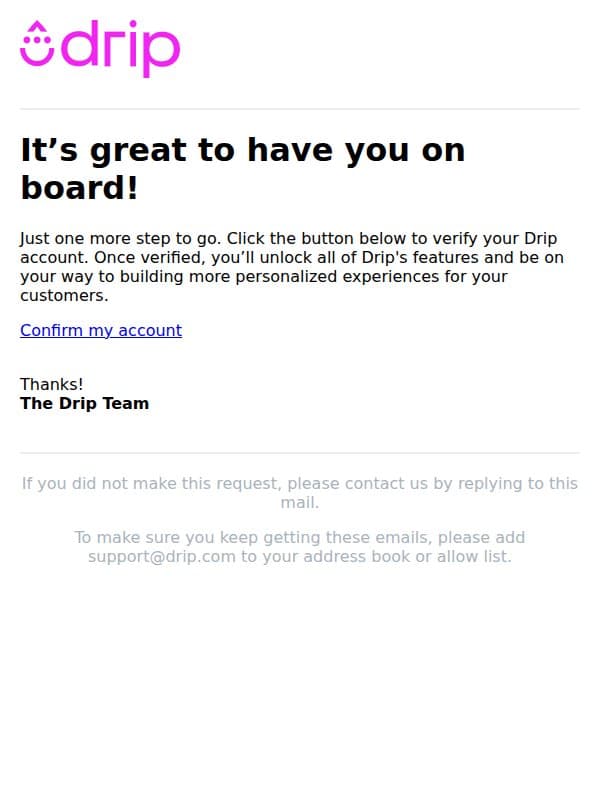 Confirm your Drip account email from Drip screenshot