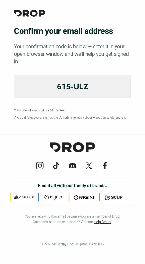 Your login token email from Drop screenshot