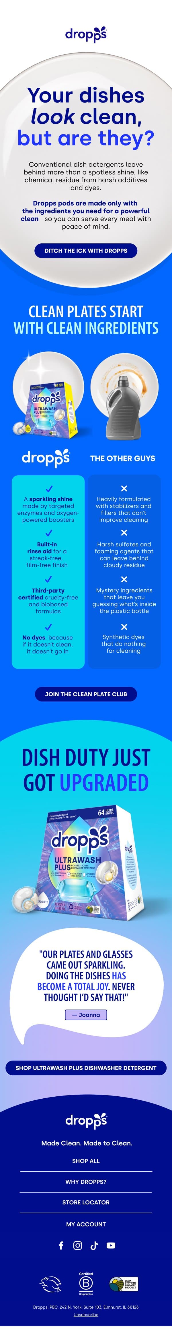 Your dishes aren’t as clean as you think… email from Dropps screenshot