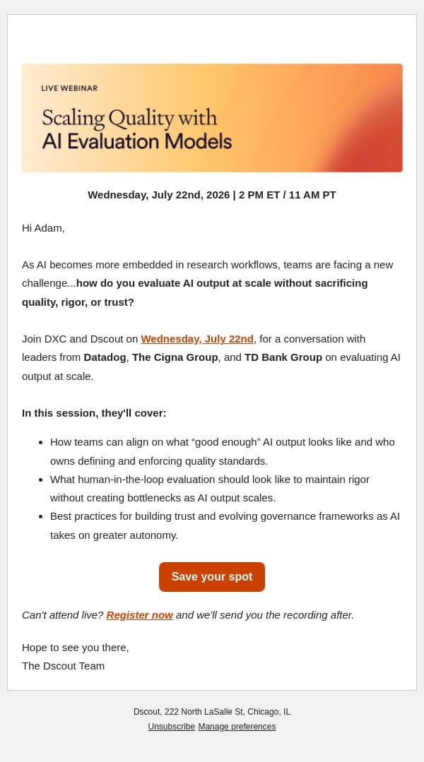 [Webinar] Who decides if AI output is good? email from dscout screenshot
