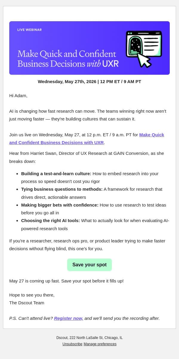 [Webinar] Research at the speed of your roadmap (finally) email from dscout screenshot