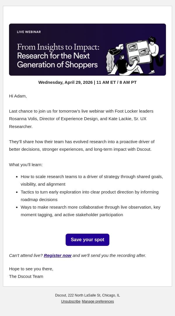 Last Chance to Join Tomorrow’s Webinar with Foot Locker email from dscout screenshot