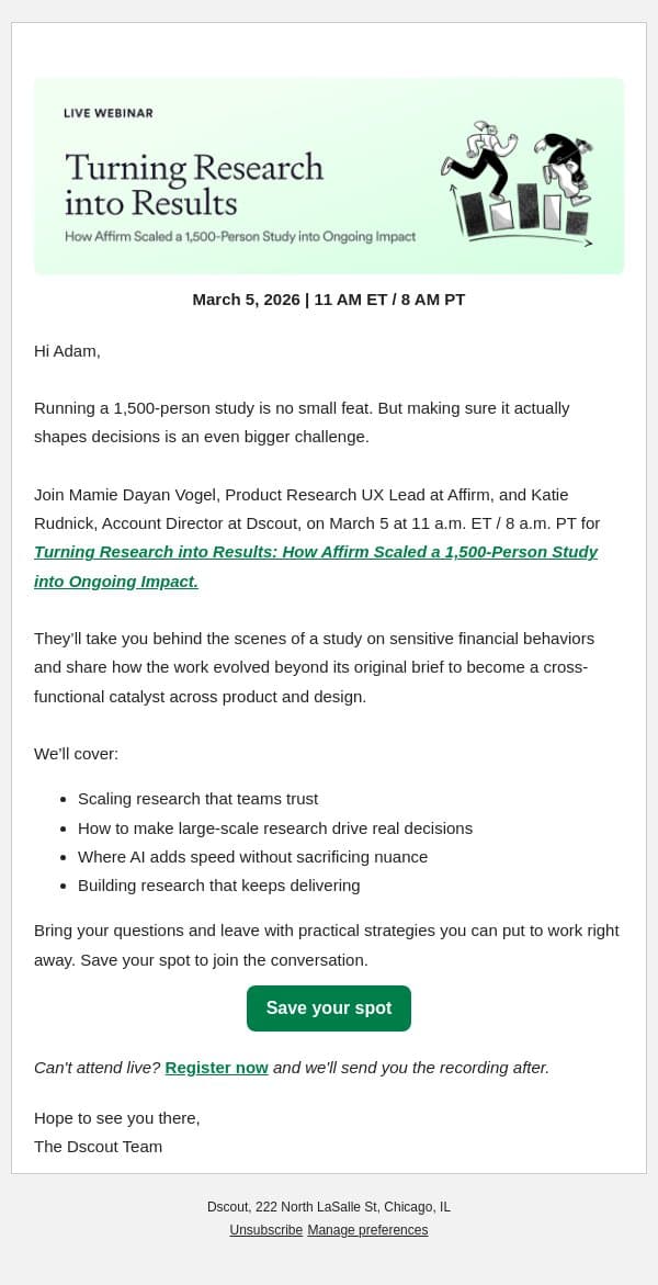 [Webinar] How to turn high-volume research into high-impact results email from dscout screenshot