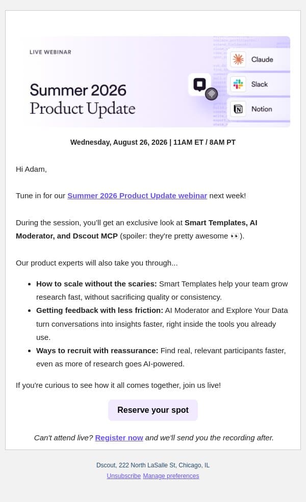 You’re Invited: Dscout’s Summer Product Webinar ☀️ email from dscout screenshot