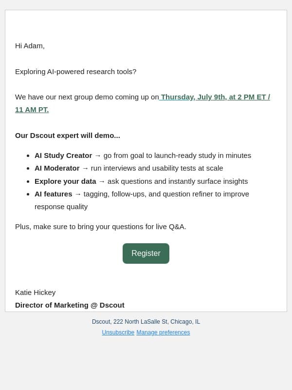 July 9th | See Dscout AI Studio in action email from dscout screenshot