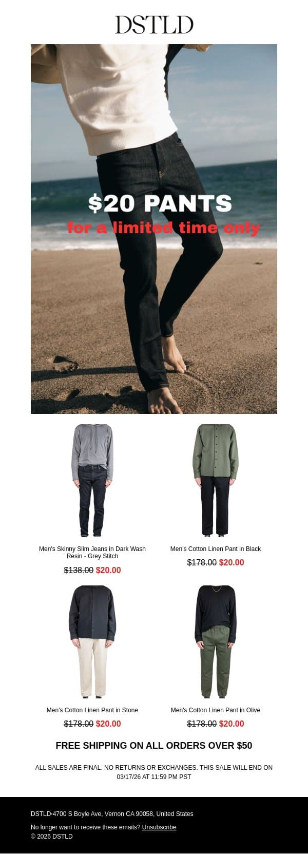You're in Luck! 🍀 $20 JEANS TODAY email from DSTLD screenshot