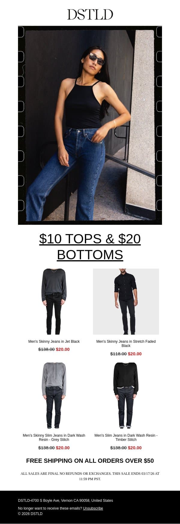 Fresh Tops $10 | Bottoms $20 This Week email from DSTLD screenshot