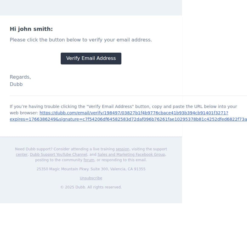 Verify Email Address email from Dubb screenshot