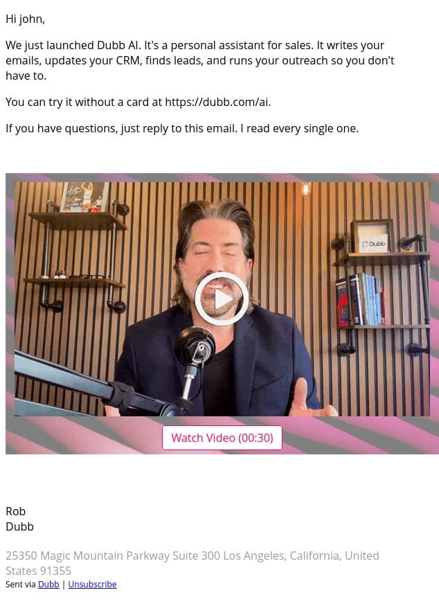 Most AI writes. Dubb AI sells for you. email from Dubb screenshot
