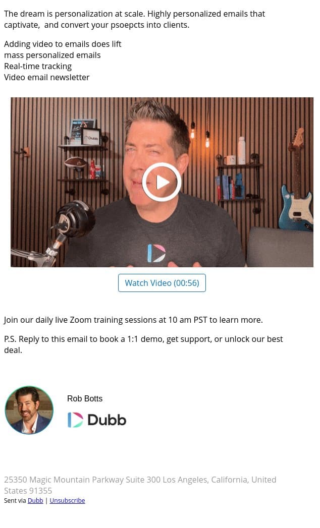 Video email campaigns can lift sales by 338% email from Dubb screenshot