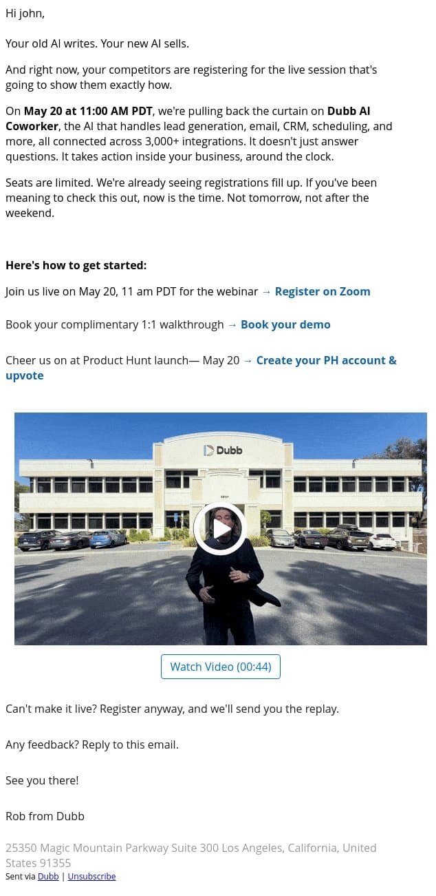 The AI that actually does the work email from Dubb screenshot