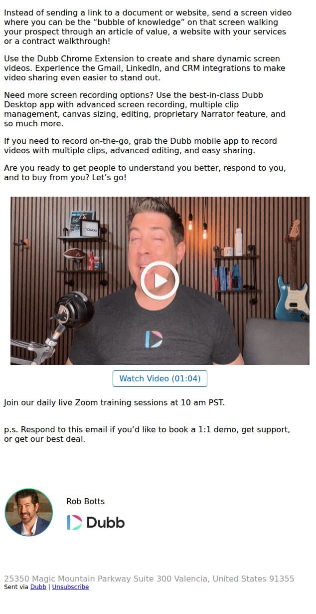 Humans process video 60X faster than text? Why? Seeing is believing. email from Dubb screenshot