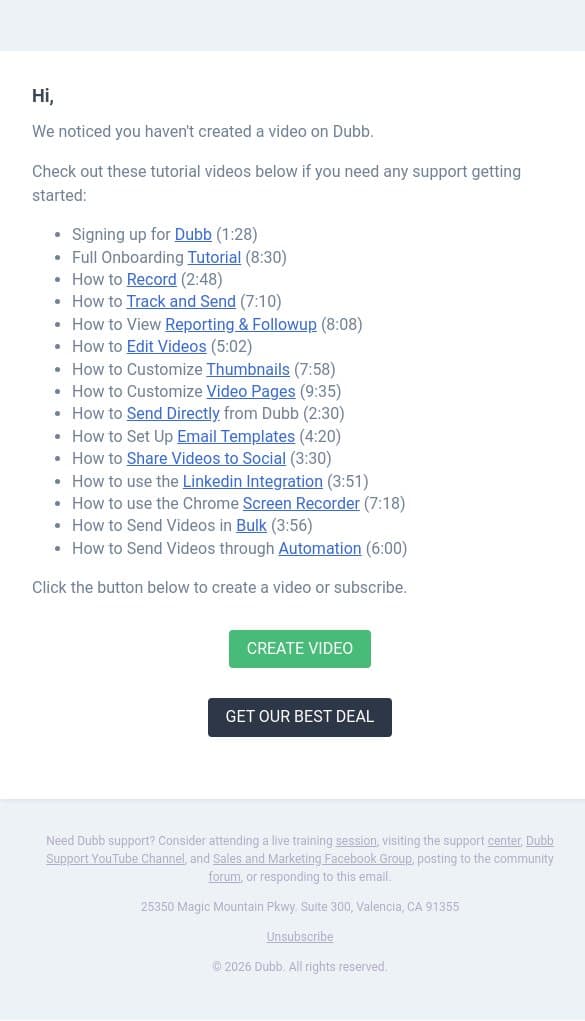 Need support using video for your business? email from Dubb screenshot