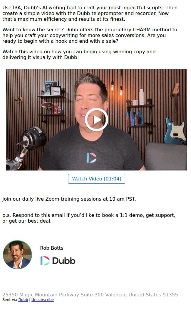 The AI secret to increase your sales by 15%... email from Dubb screenshot