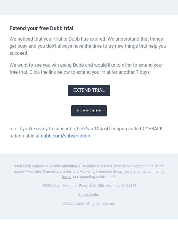 Extend your free Dubb trial email from Dubb screenshot