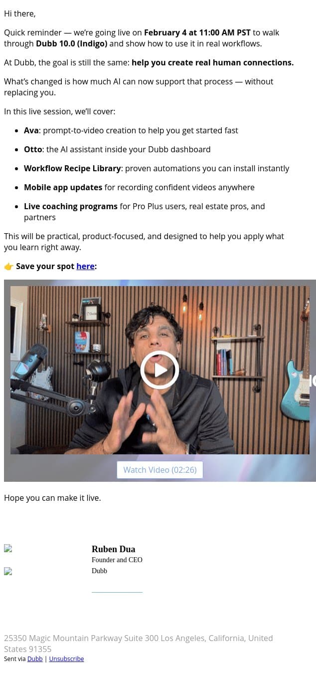 2nd Reminder: Introducing Dubb 10.0 — Join Us Live Feb 4 email from Dubb screenshot