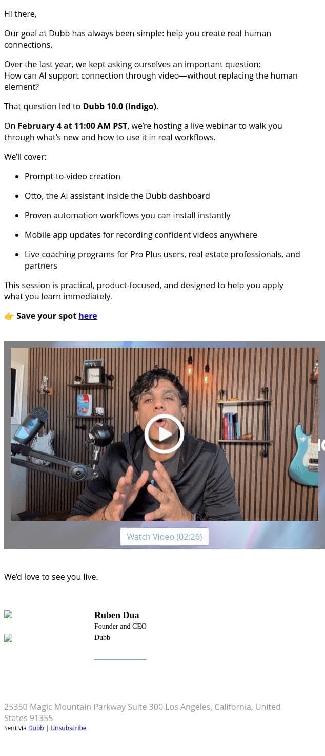 Introducing Dubb 10.0 — Join Us Live Feb 4 email from Dubb screenshot