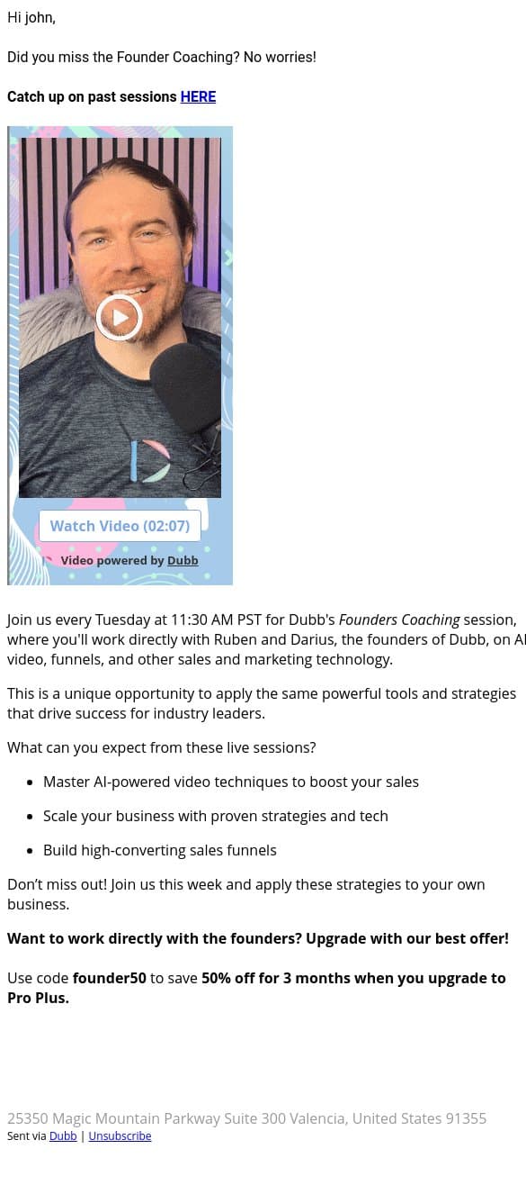 Did you Miss the Founder Coaching? Catch the Recap! email from Dubb screenshot
